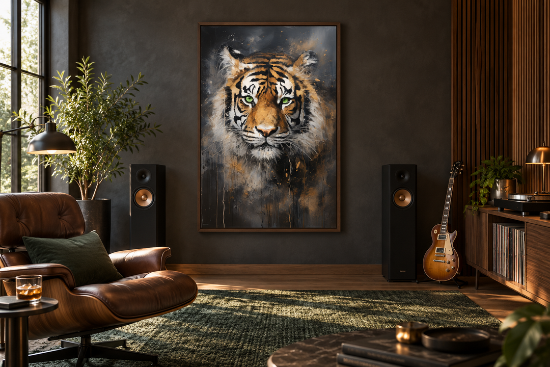 Colorful tiger abstract graffiti framed canvas wall art in a modern living room setting.