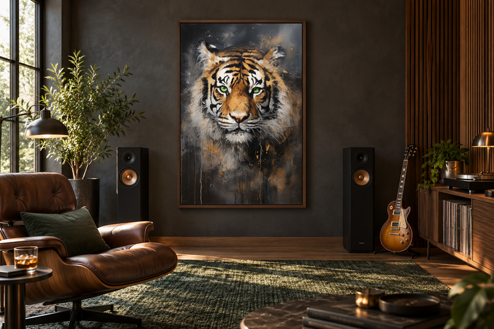 Colorful tiger abstract graffiti framed canvas wall art in a modern living room setting.