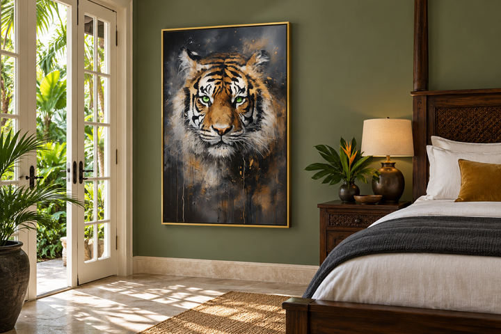 Colorful tiger abstract graffiti framed canvas wall art in a gold frame on a green bedroom wall.