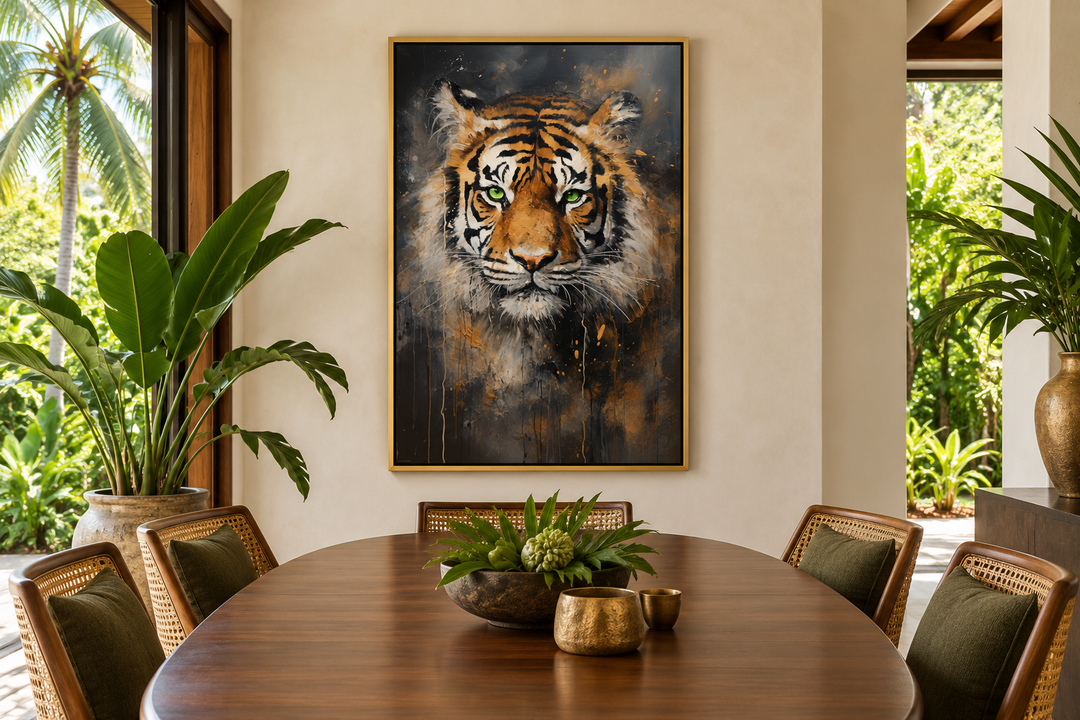 Colorful tiger abstract graffiti framed canvas wall art in a gold frame above a dining table.