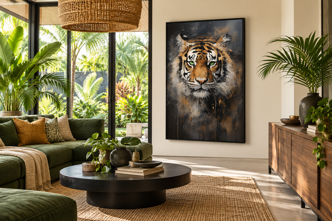 Colorful Tiger Abstract Graffiti Framed Canvas Wall Art in a modern tropical living room.