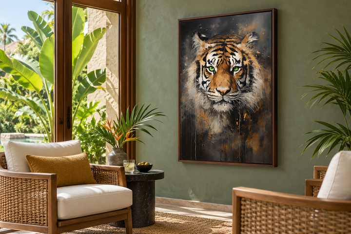 Colorful tiger abstract graffiti framed canvas wall art in a tropical sunroom setting.