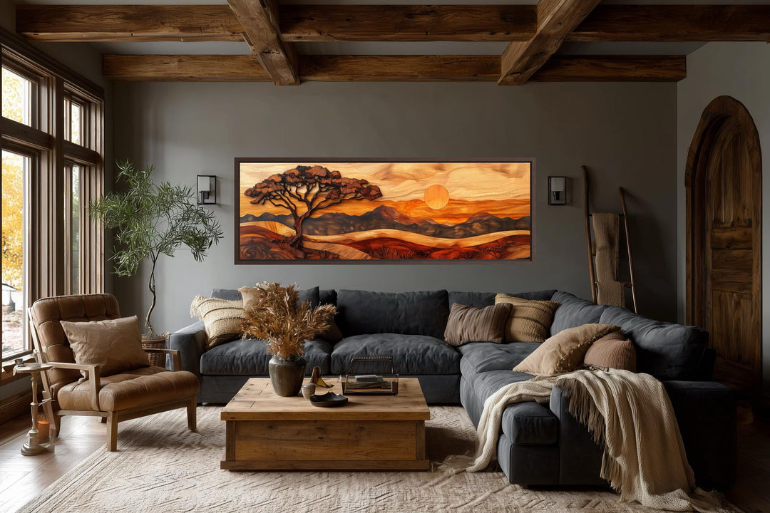 Long narrow canvas wall art of an acacia tree at sunset in a textured wood carving style.