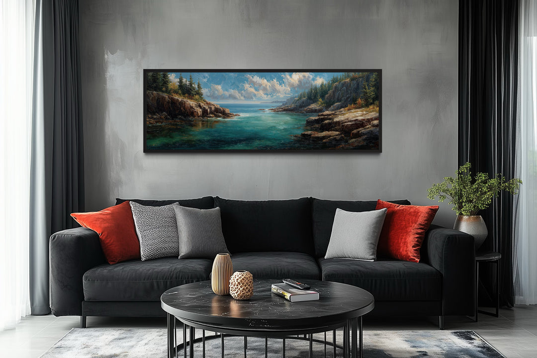 Acadia National Park panoramic canvas wall art above a black sofa in a modern living room.