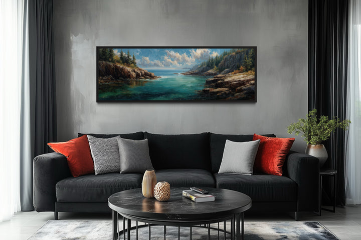 Acadia National Park panoramic canvas wall art above a black sofa in a modern living room.