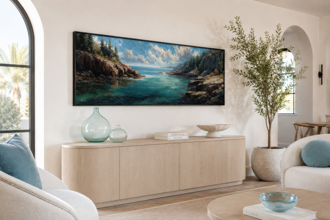Acadia National Park long horizontal canvas wall art above a wooden sideboard in a modern room.