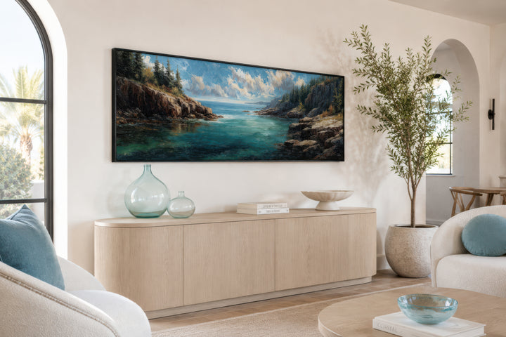 Acadia National Park long horizontal canvas wall art above a wooden sideboard in a modern room.