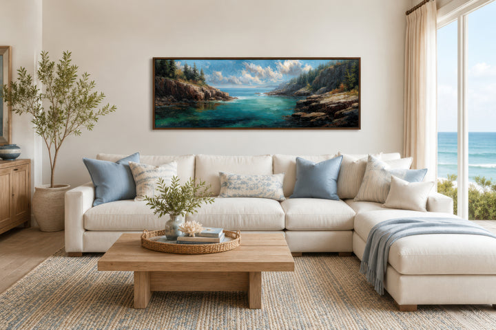 Acadia National Park long horizontal canvas wall art hanging above a white sofa in a coastal room.