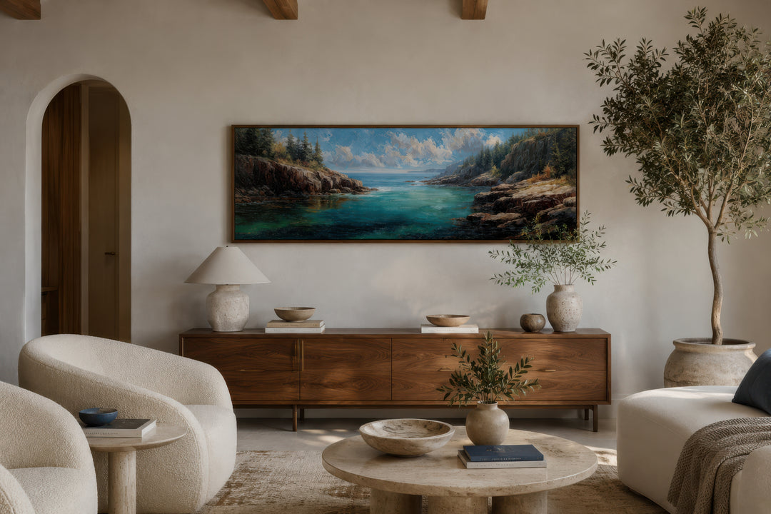 Panoramic Acadia National Park canvas wall art above a wooden sideboard in a modern living room.