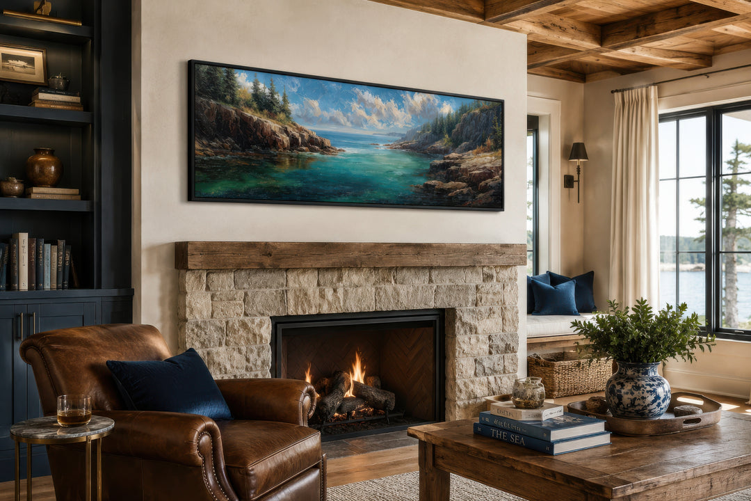 Acadia National Park long horizontal canvas wall art panoramic coastal landscape above a fireplace.