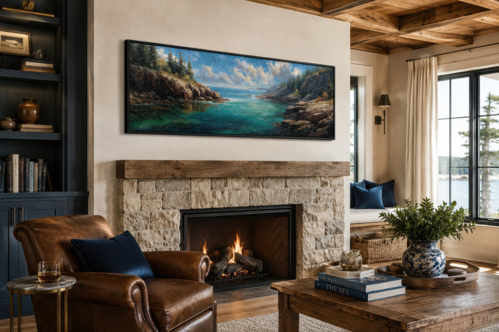 Acadia National Park long horizontal canvas wall art panoramic coastal landscape above a fireplace.