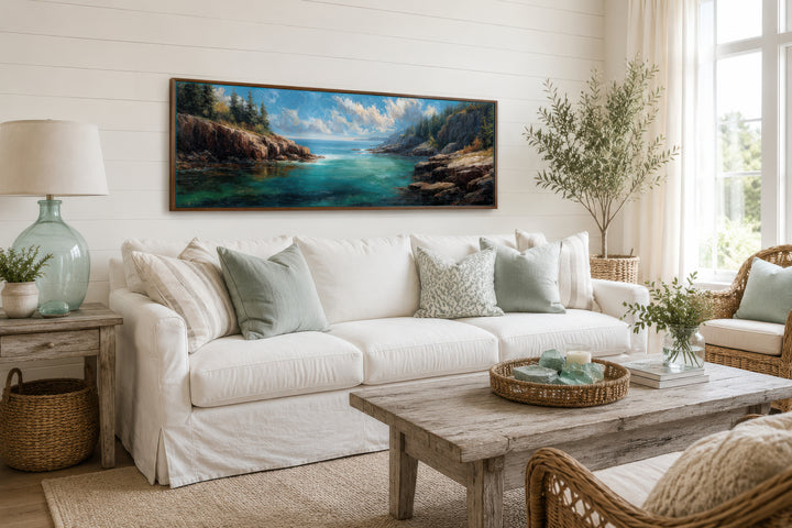 Acadia National Park panoramic canvas wall art above a white sofa in a coastal living room.