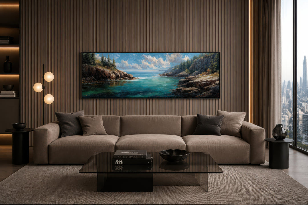 Acadia National Park long horizontal canvas wall art above a modern sofa in a living room.