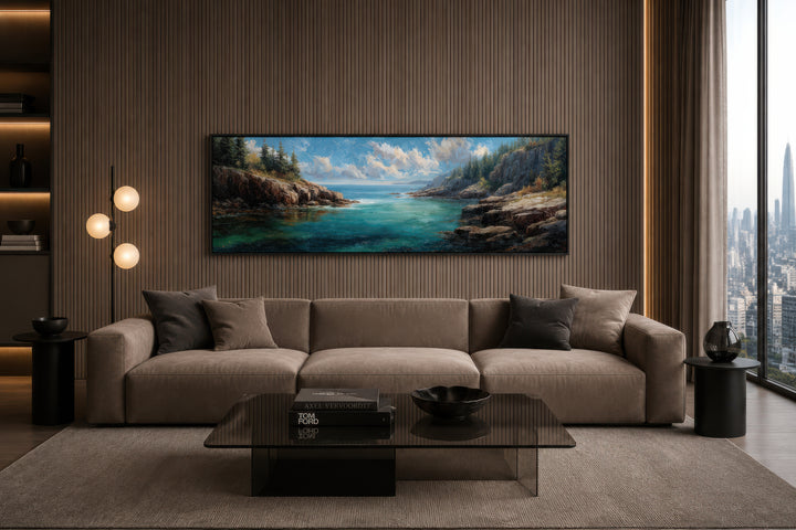 Acadia National Park long horizontal canvas wall art above a modern sofa in a living room.