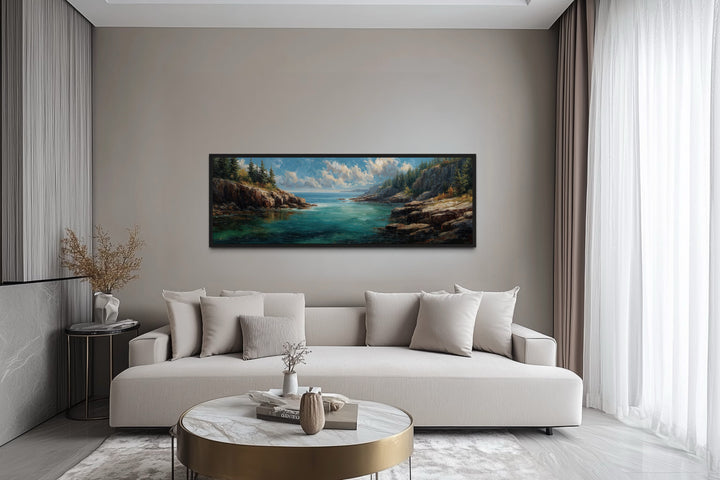 Panoramic Acadia National Park canvas wall art featuring rocky cliffs and sea above a modern sofa.