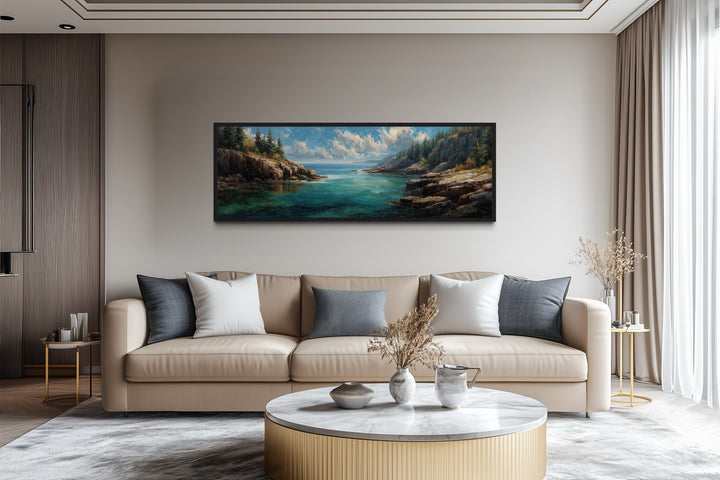 Acadia National Park panoramic canvas wall art featuring rocky cliffs and sea above a beige sofa.