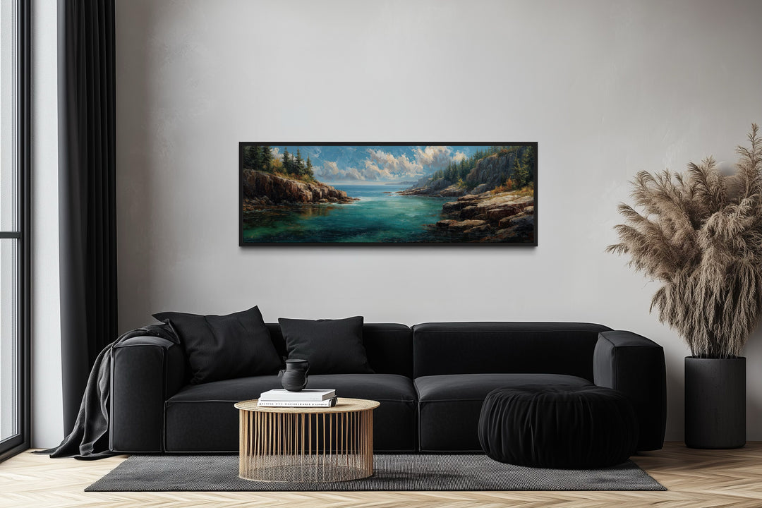Acadia National Park panoramic canvas wall art above a black sofa in a modern living room.