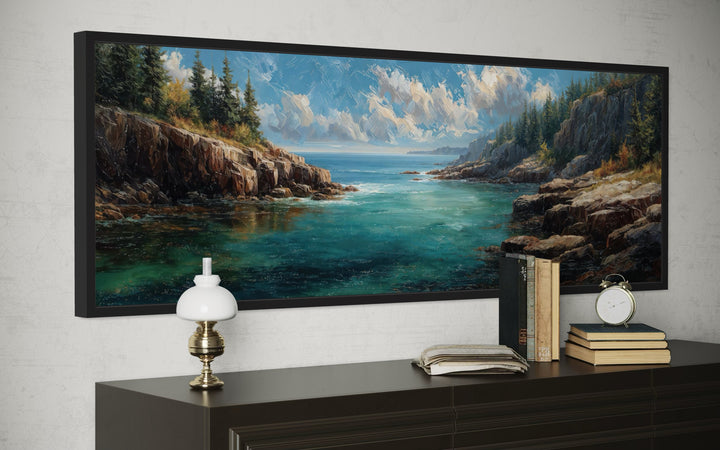 Acadia National Park panoramic canvas wall art featuring rocky cliffs and blue coastal waters.
