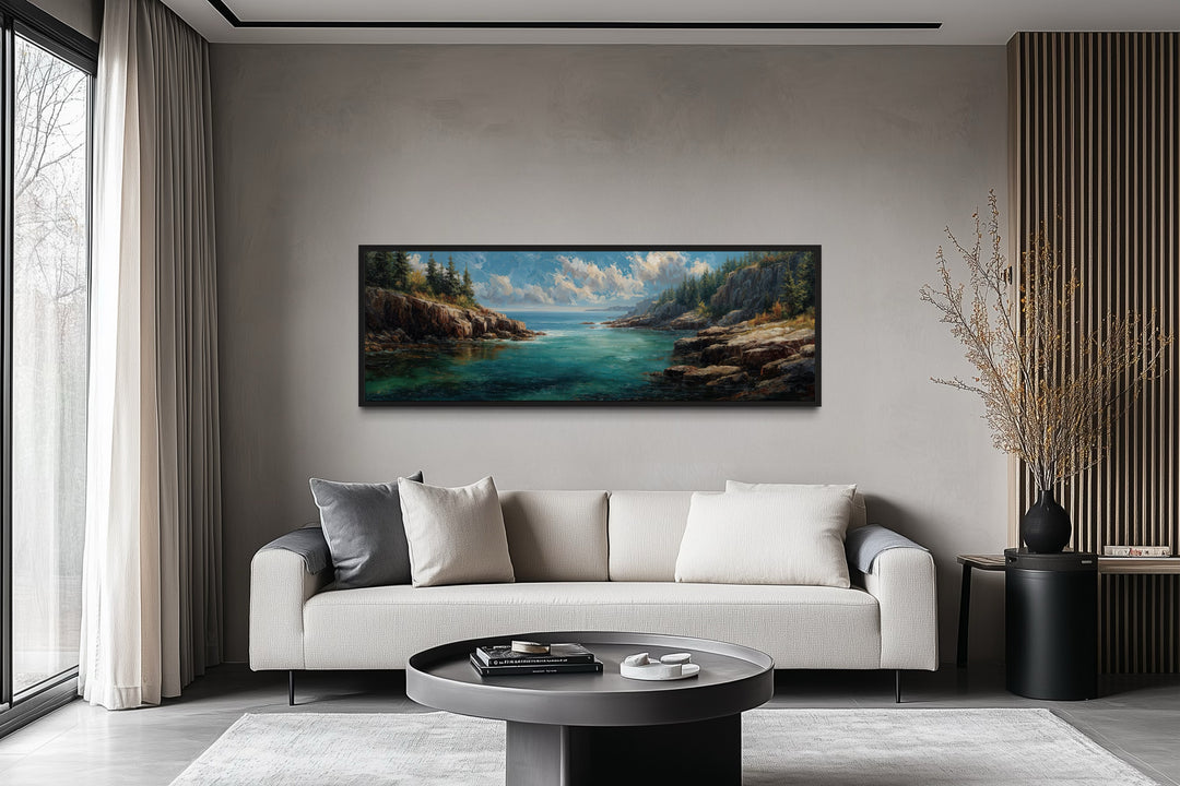 Panoramic Acadia National Park canvas wall art above a modern sofa in a minimalist living room.