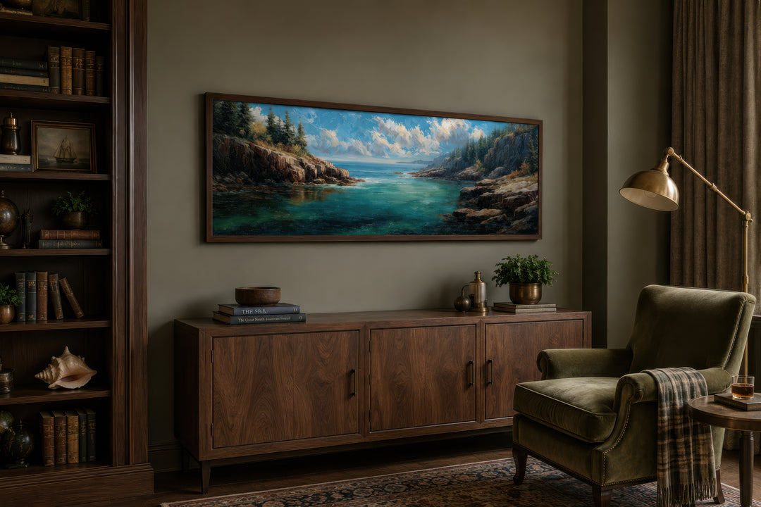 Panoramic Acadia National Park canvas wall art featuring a rocky coastline and teal ocean water.