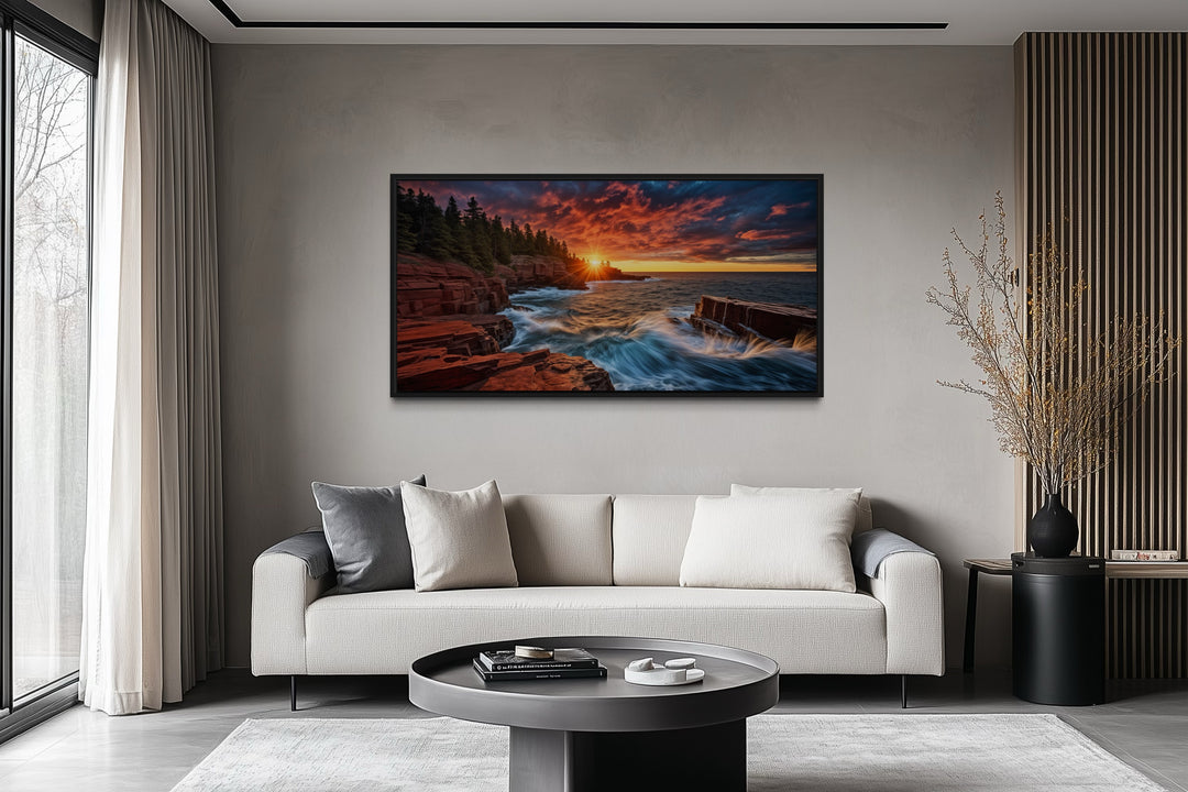 Acadia Sunset Canvas – Framed Coastal Sunset Artwork for Rustic Home Decor