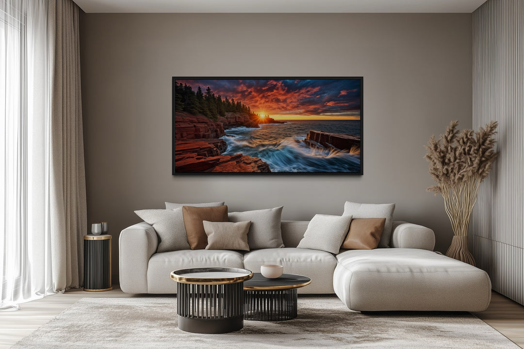 Acadia Sunset Canvas – Framed Coastal Sunset Artwork for Rustic Home Decor