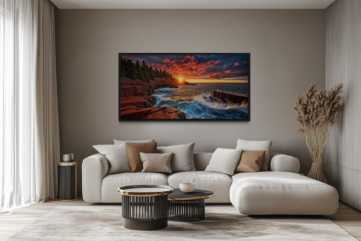 Acadia Sunset Canvas – Framed Coastal Sunset Artwork for Rustic Home Decor