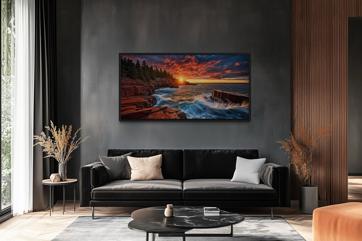 Acadia Sunset Canvas – Framed Coastal Sunset Artwork for Rustic Home Decor