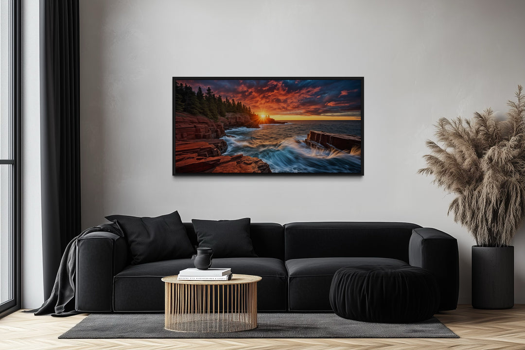 Acadia Sunset Canvas – Framed Coastal Sunset Artwork for Rustic Home Decor