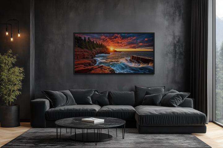 Acadia Sunset Canvas – Framed Coastal Sunset Artwork for Rustic Home Decor