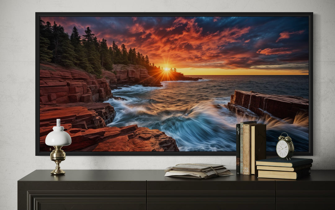 Acadia Sunset Canvas – Framed Coastal Sunset Artwork for Rustic Home Decor