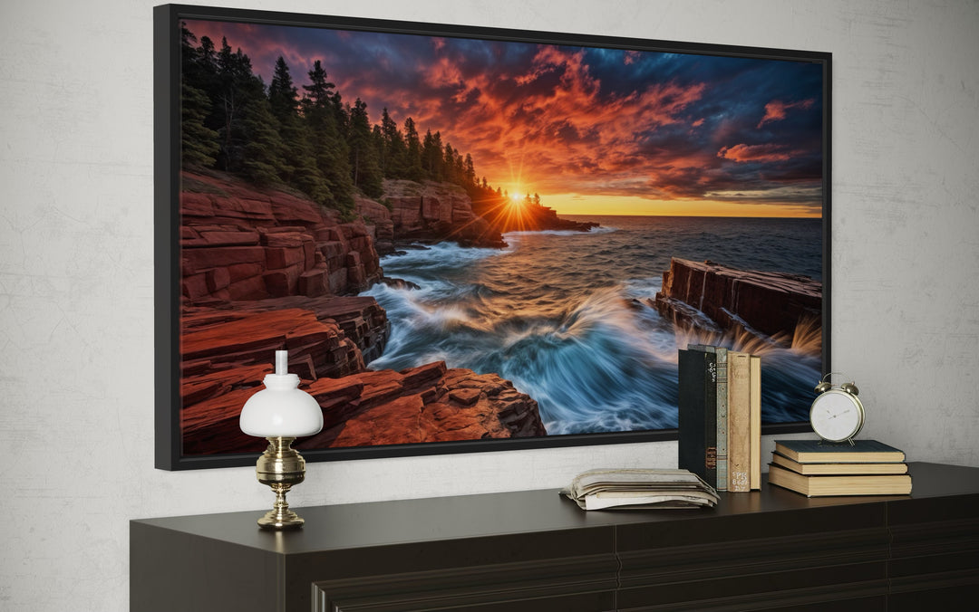 Acadia Sunset Canvas – Framed Coastal Sunset Artwork for Rustic Home Decor