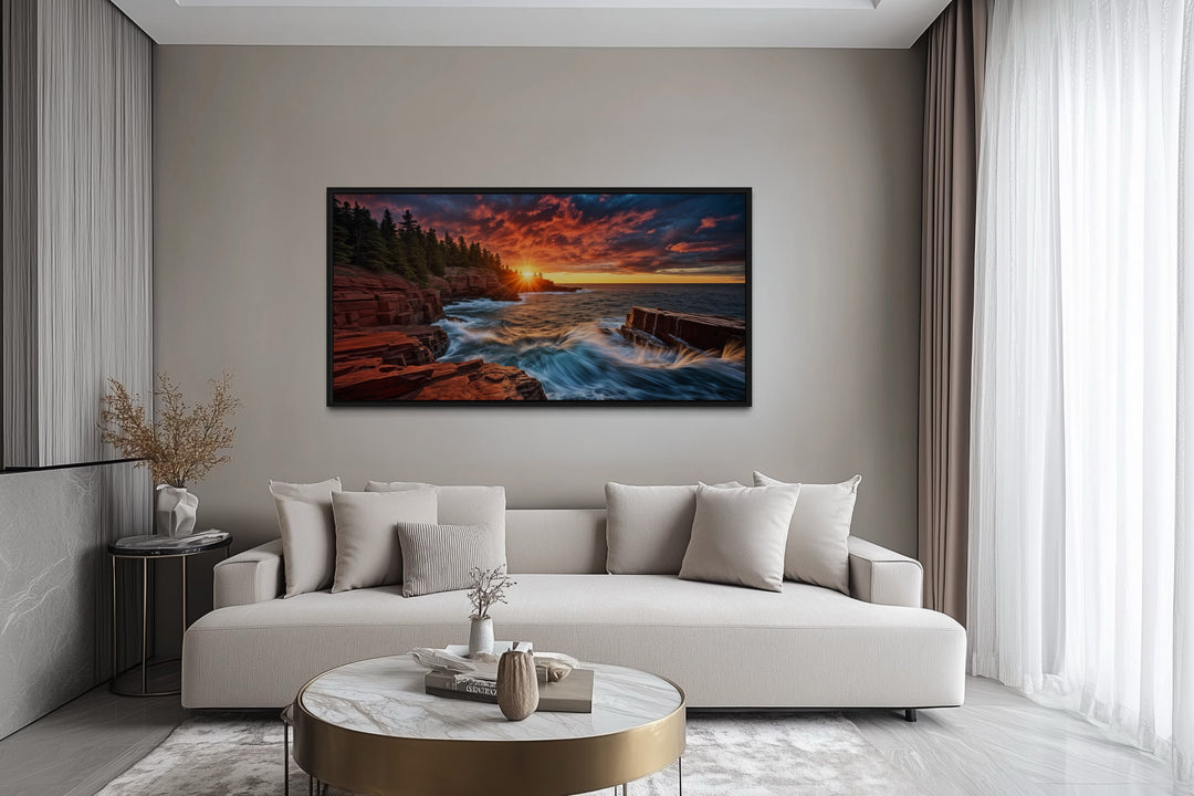 Acadia Sunset Canvas – Framed Coastal Sunset Artwork for Rustic Home Decor