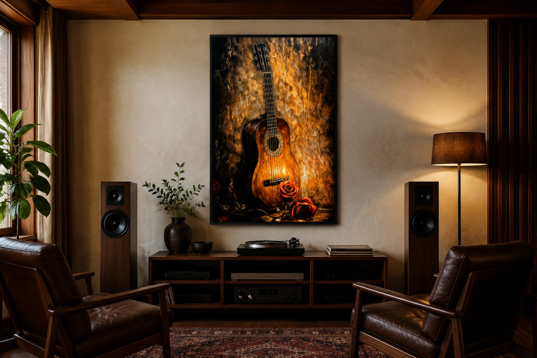 Candlelit acoustic guitar and rose framed canvas wall art hanging in a cozy living room.