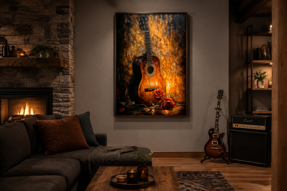 Framed canvas wall art of a candlelit acoustic guitar and red roses in a cozy living room setting.