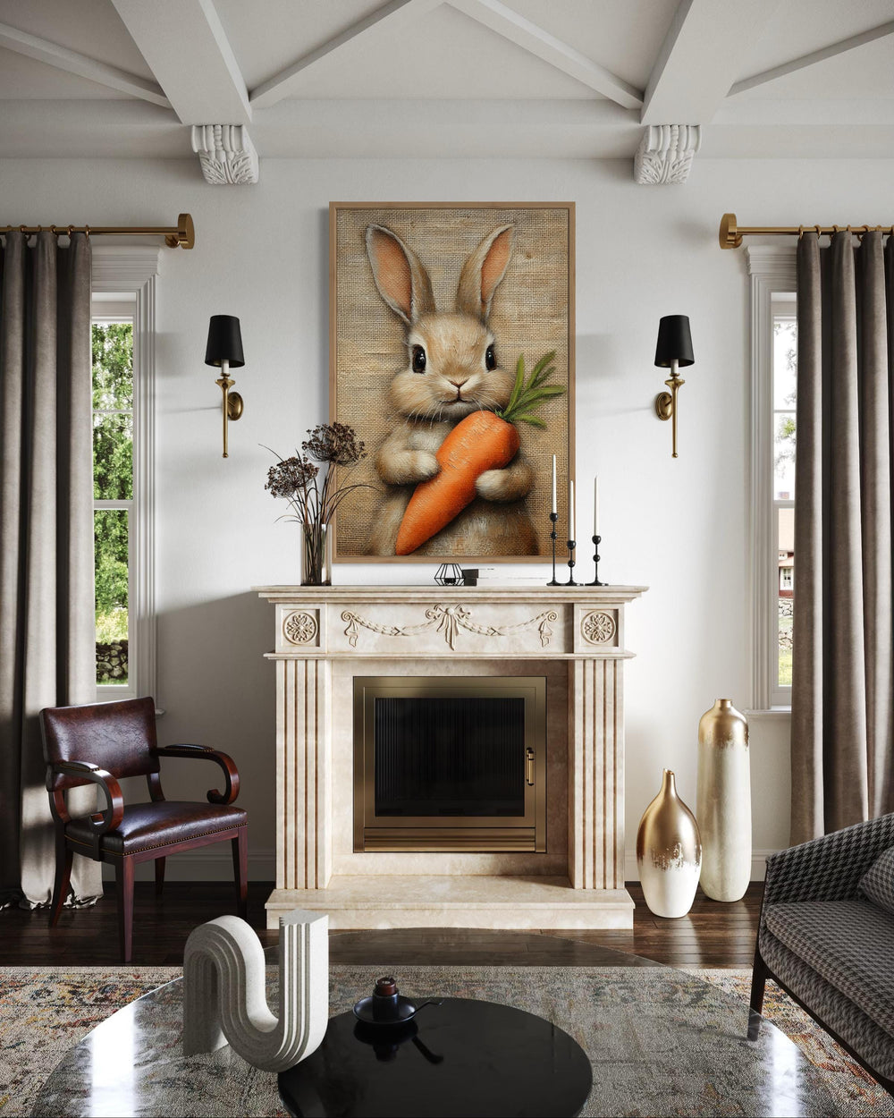 Framed canvas wall art of a fluffy bunny holding a carrot above a fireplace in a living room.