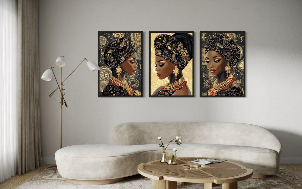 African American Black Woman With Gold Pattern Headwrap Set Of 3 Canvas Wall Art