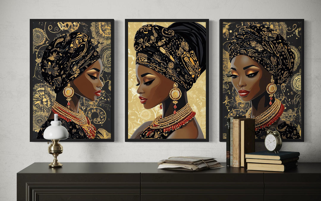 African American Black Woman With Gold Pattern Headwrap Set Of 3 Canvas Wall Art