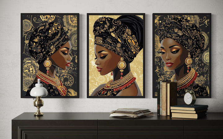 African American Black Woman With Gold Pattern Headwrap Set Of 3 Canvas Wall Art