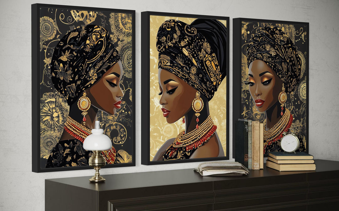 African American Black Woman With Gold Pattern Headwrap Set Of 3 Canvas Wall Art