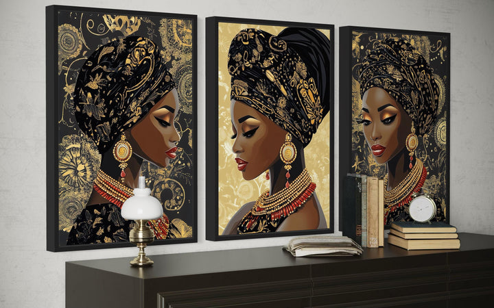 African American Black Woman With Gold Pattern Headwrap Set Of 3 Canvas Wall Art
