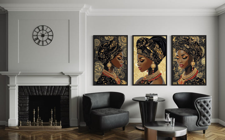 African American Black Woman With Gold Pattern Headwrap Set Of 3 Canvas Wall Art