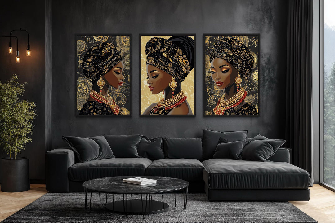 African American Black Woman With Gold Pattern Headwrap Set Of 3 Canvas Wall Art