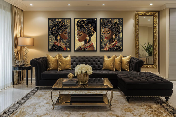 African American Black Woman With Gold Pattern Headwrap Set Of 3 Canvas Wall Art