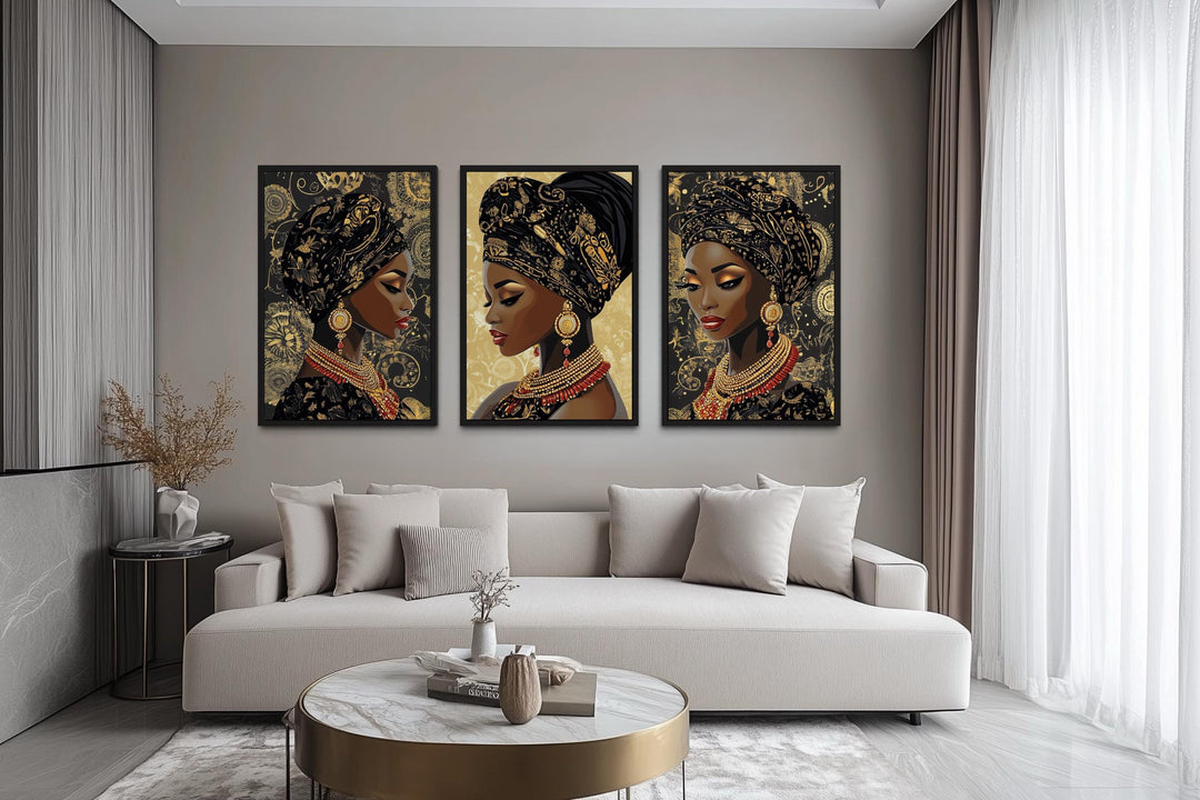 African American Black Woman With Gold Pattern Headwrap Set Of 3 Canvas Wall Art