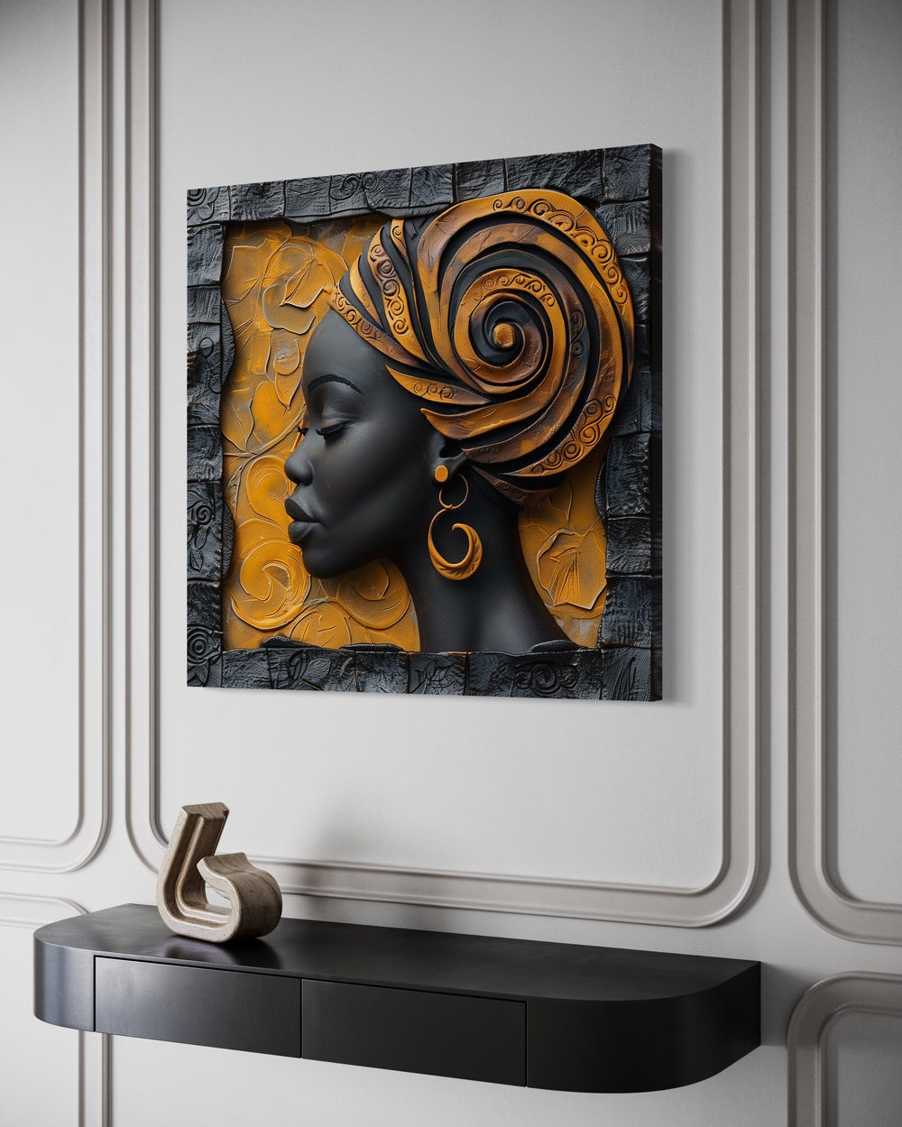 African American Canvas Art – Modern Framed Canvas Print Featuring Elegant Turban Woman