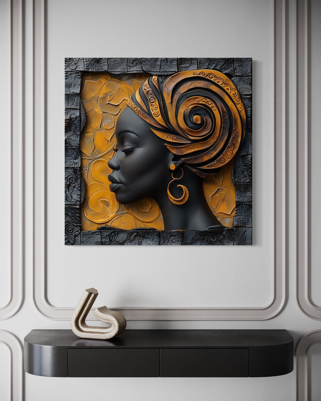 African American Canvas Art – Modern Framed Canvas Print Featuring Elegant Turban Woman