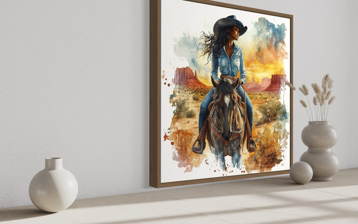 African American Cowgirl Riding A Horse Framed Canvas Wall Art