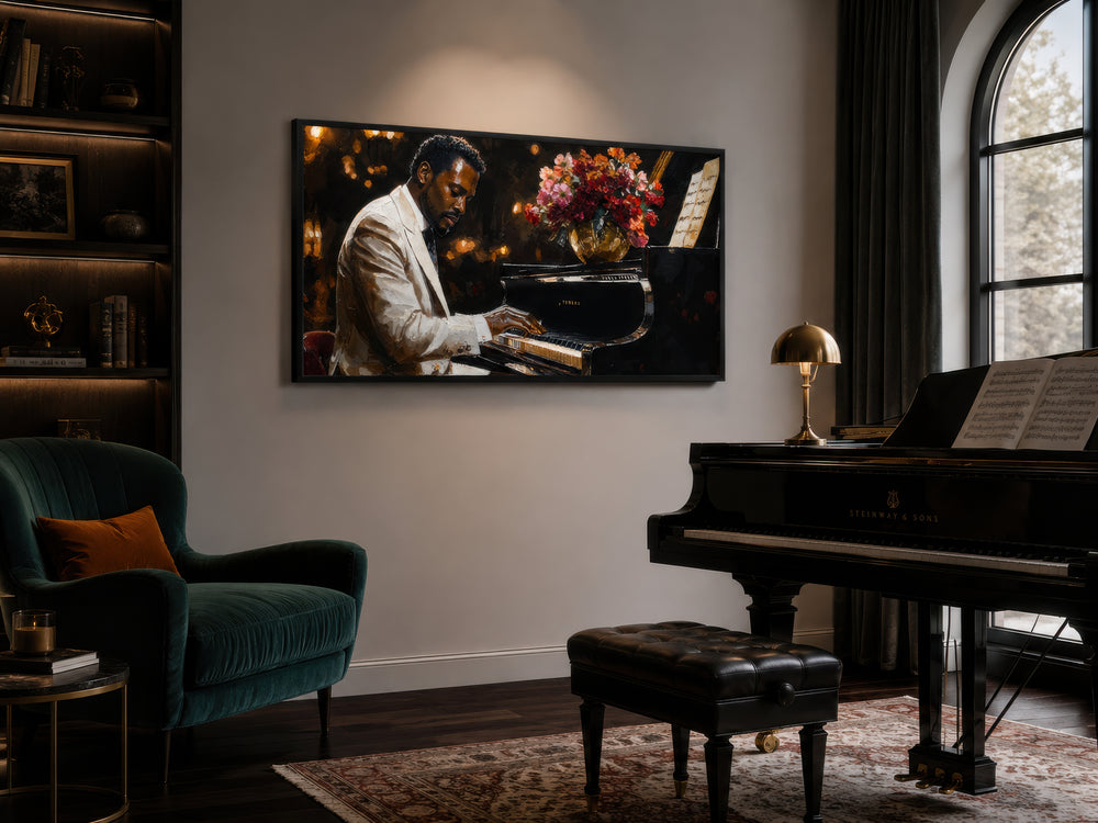 Framed canvas wall art of an African American jazz pianist playing a grand piano with flowers.