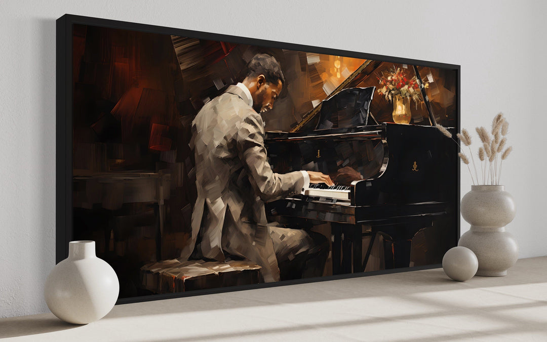 African American Piano Player Jazz Music Framed Canvas Wall Art